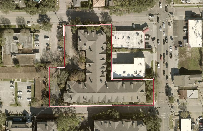 Aerial photo of 2100 Welch St C113, lot outlined in red