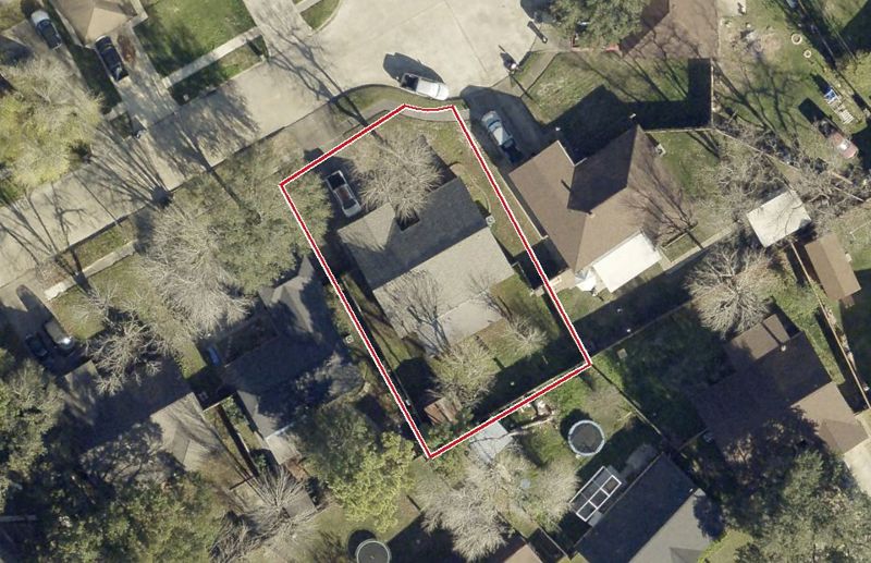 Aerial photo of 8314 Marble Arch Ct, lot outlined in red
