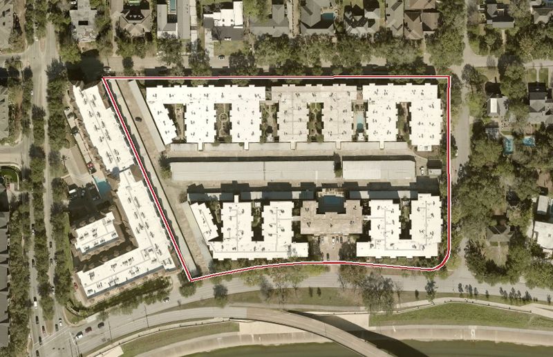 Aerial photo of 2400 N Braeswood Blvd 217, lot outlined in red