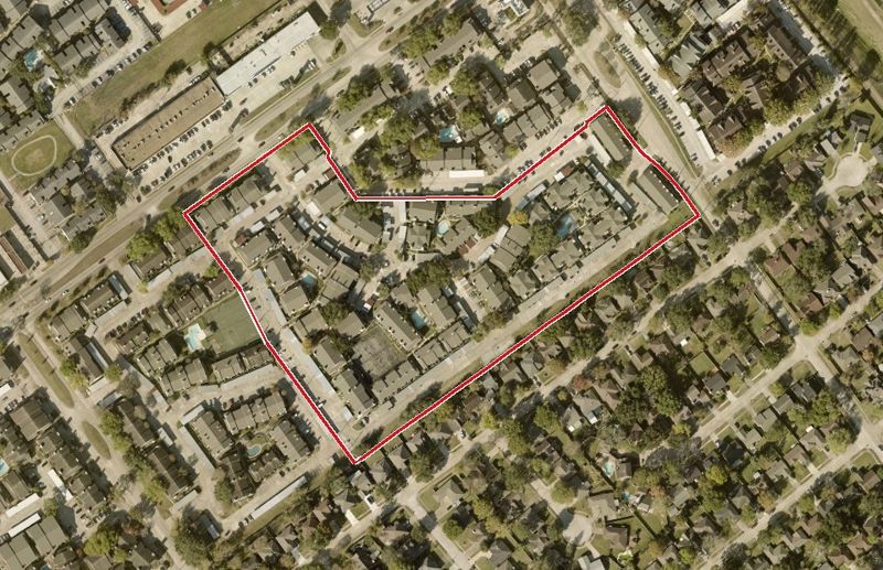 Aerial photo of 260 El Dorado Blvd 3302, lot outlined in red