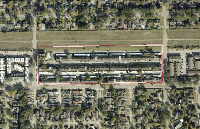 Aerial photo of 7700 Creekbend Dr 126, lot outlined in red